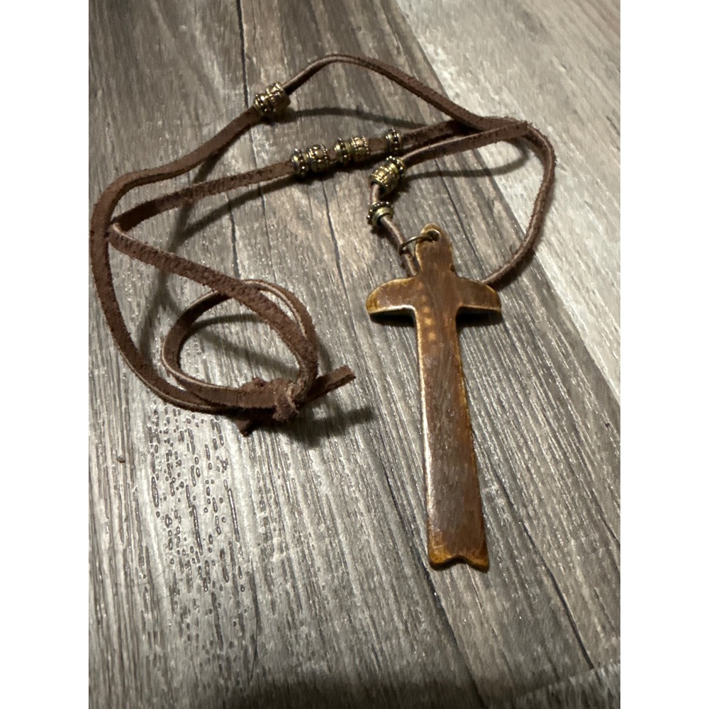 Handmade Wooden Cross Pendant Necklace Brown Cord Brass Accent Beads Rustic Boho